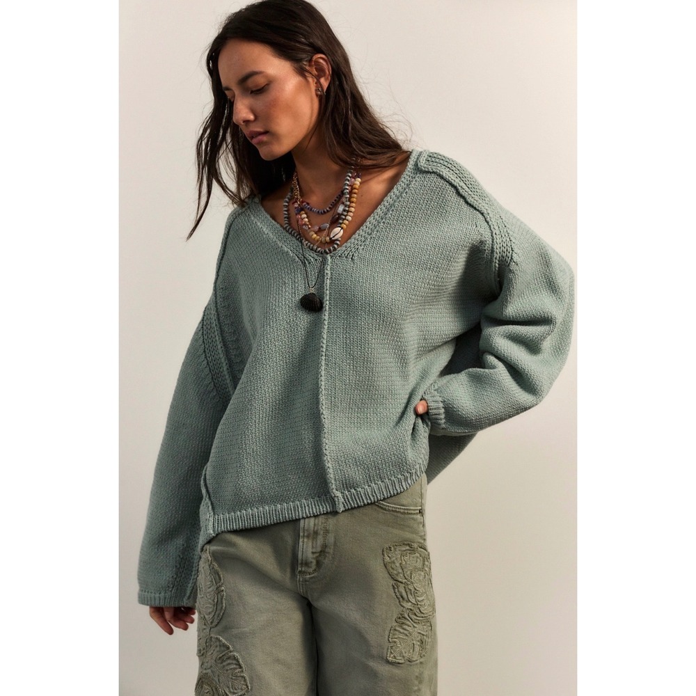 Free People We The Free Monarch Pullover Mountain Mint V-Neck Sweater L
